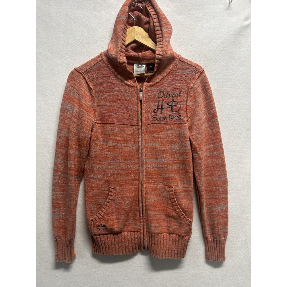 Harley Davidson Full Zip Sweater Hoodie Embroidered Orange Gray Medium Women's